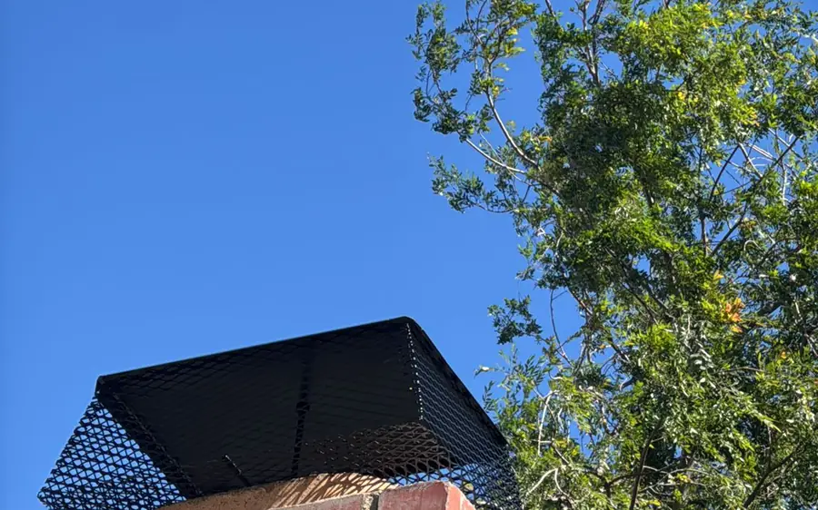 Chimney cap with mesh screen on a brick chimney